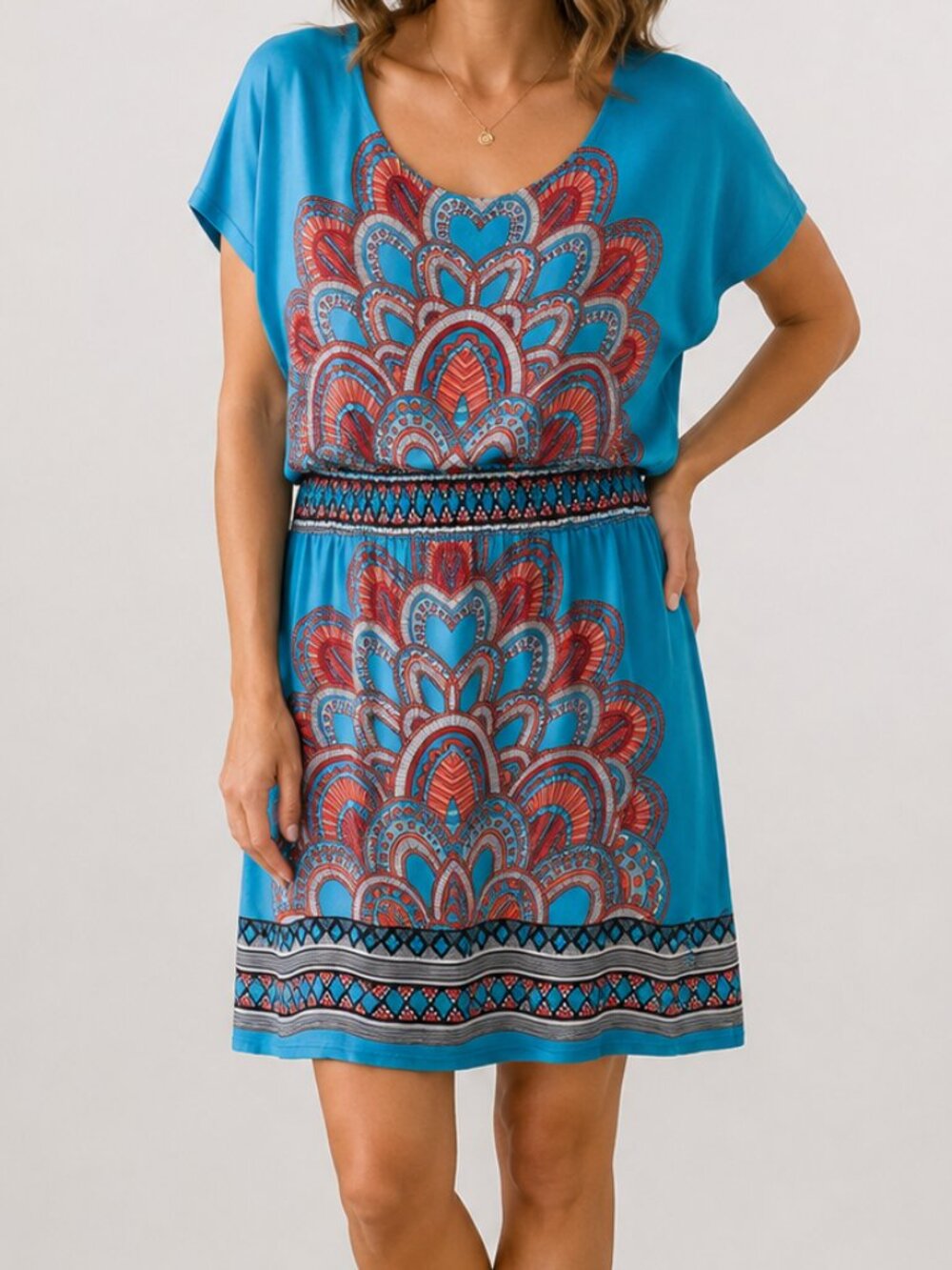Calessa Blue & Red Smocked Waist Aztec Boho Artsy Pull-On Casual Sundress Large